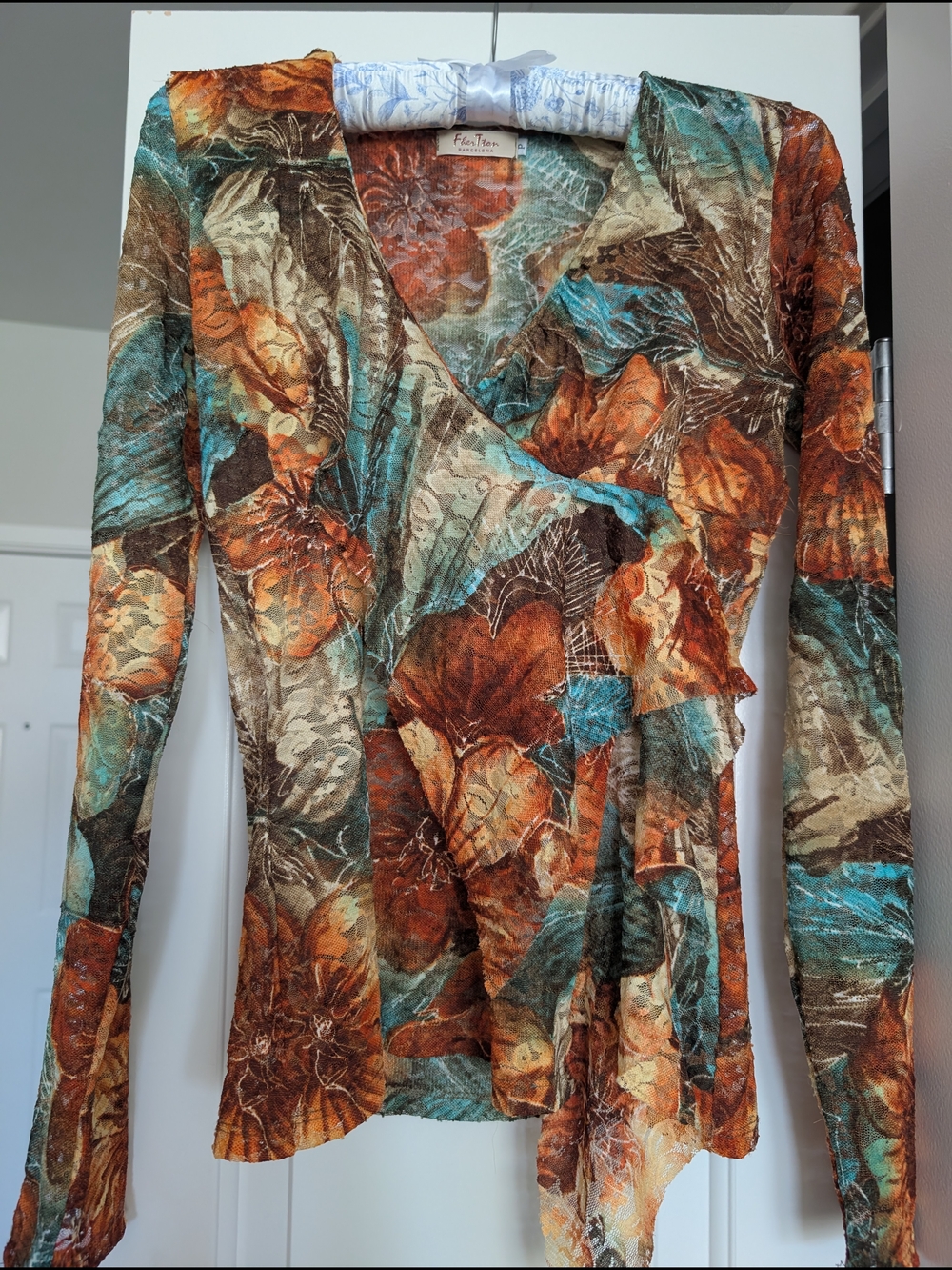Vintage Floral Wrap Blouse in Rust and Teal